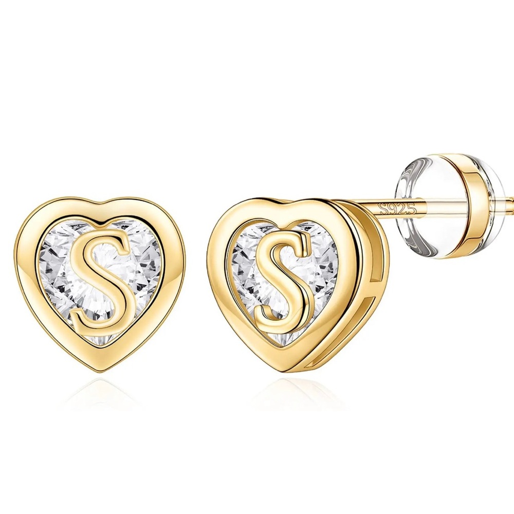 Women’s Kid’s Heart Initial Stud Sterling Silver Gold-plated Earrings Letter “S”